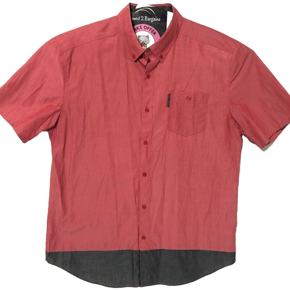 Ecko Shirt Mens XL Red Colorblock Shiny Button Short Sleeve Sheen extended tail